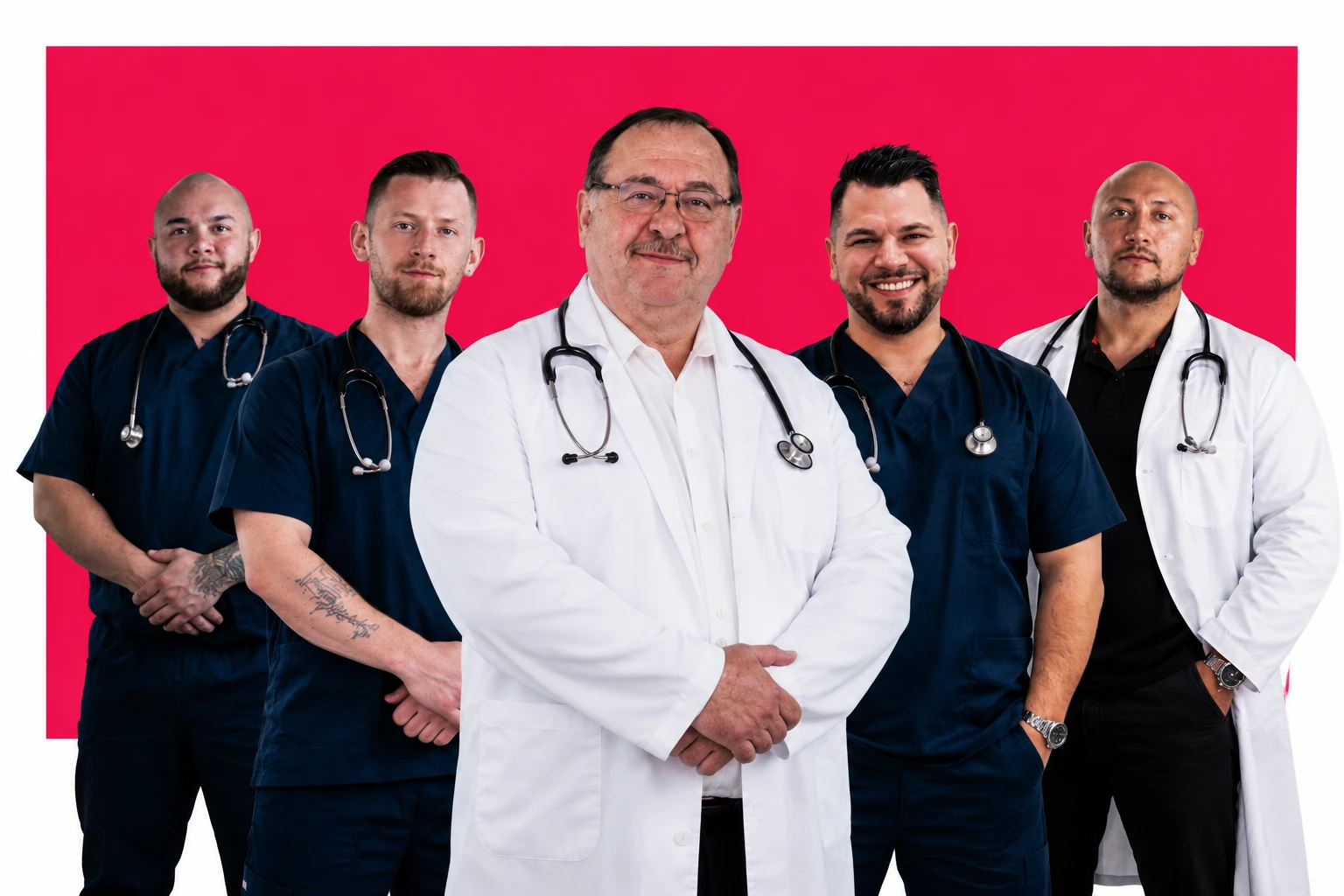 Das FilmDoctor-Team: fünf Männer in Arztkitteln und OP-Kleidung mit Stethoskopen vor pinkem Hintergrund